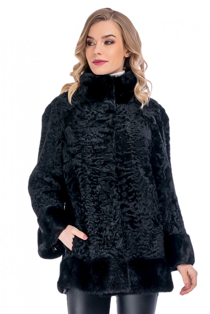 Черная куртка из каракуля с мехом норки (44-7508)